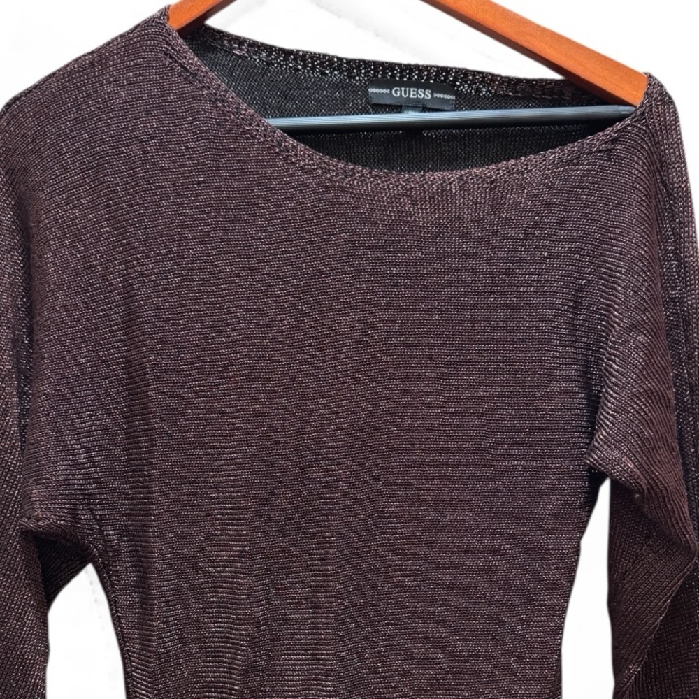 GUESS Metallic Shimmer Knit Top XS – Sheer Open Weave Long Sleeve - Picture 2 of 6